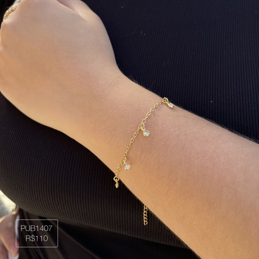 Pulseira c/ 7 Pontos de Luz Pendurados 3mm Cristal Dourada